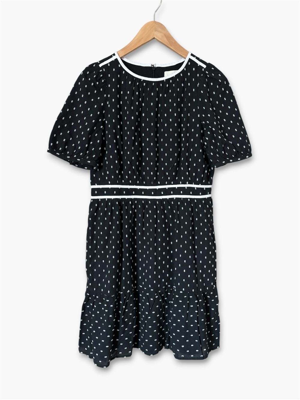 LOFT Black Clip Dot Flounce Puff Sleeve Dress 100% Cotton Womens 4 Petite Twee